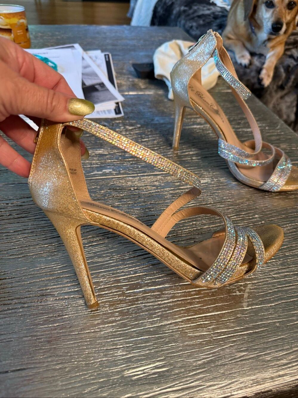 De Blossom Collection Gold & Silver Sparkle Strappy Wedding Heels Shoes sz 7.5